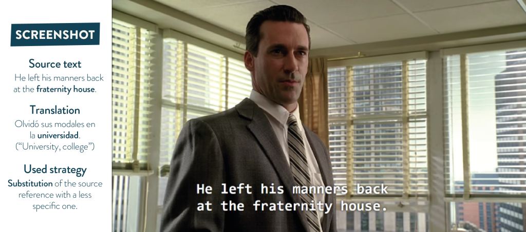 Screenshot: Source text, Translations and Used Strategy in Mad Men.